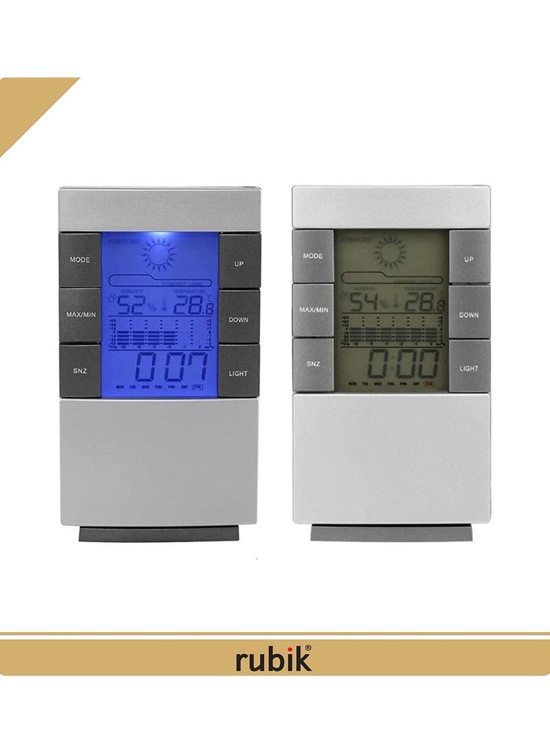 Rubik Weather Forecast Clock, LCD Digital Hygrometer Weather Station Alarm Clock with Blue LED Backlight Display  - Image 5