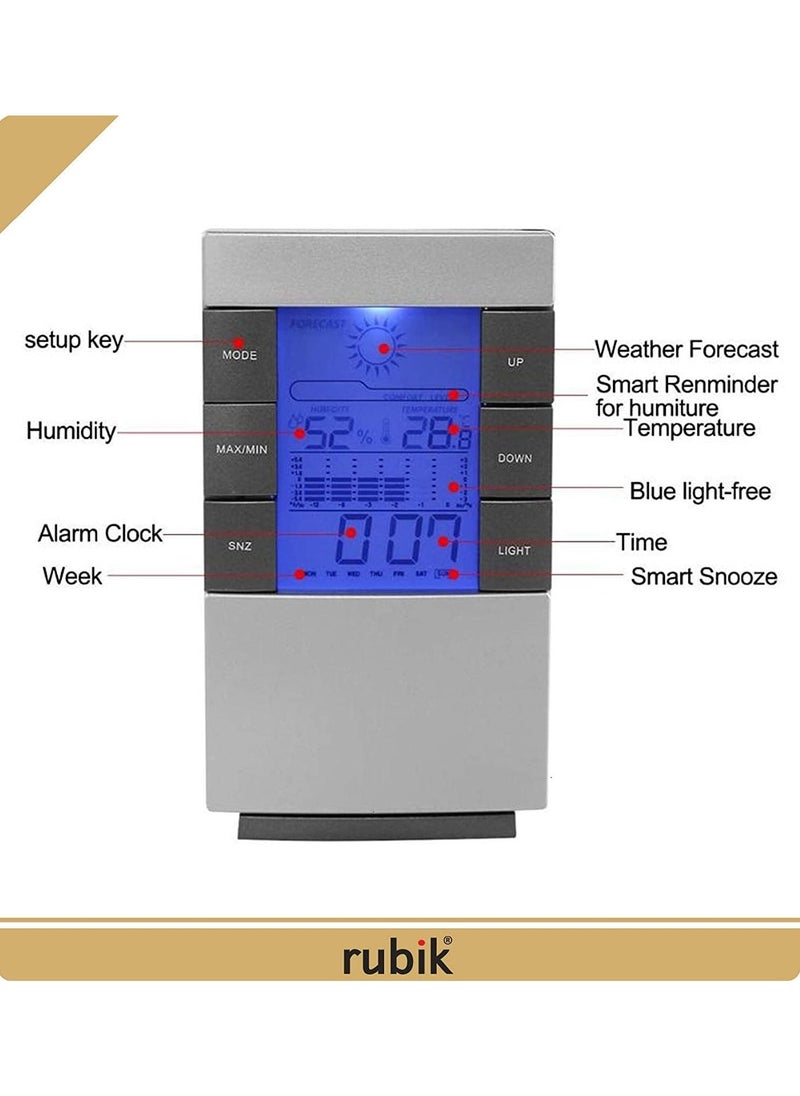 Rubik Weather Forecast Clock, LCD Digital Hygrometer Weather Station Alarm Clock with Blue LED Backlight Display  - Image 4
