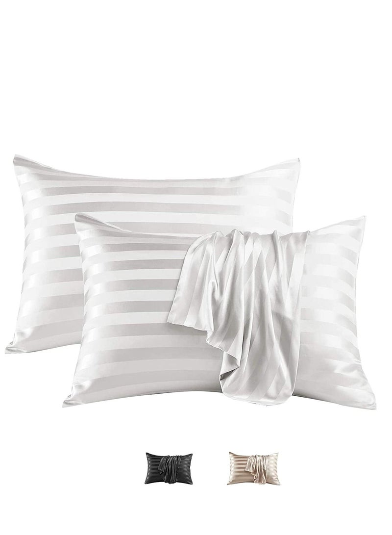 SMILEE 100% Pure Mulberry Queen Pillowcase 2-Piece Pillow Cases (White Striped) - Image 1