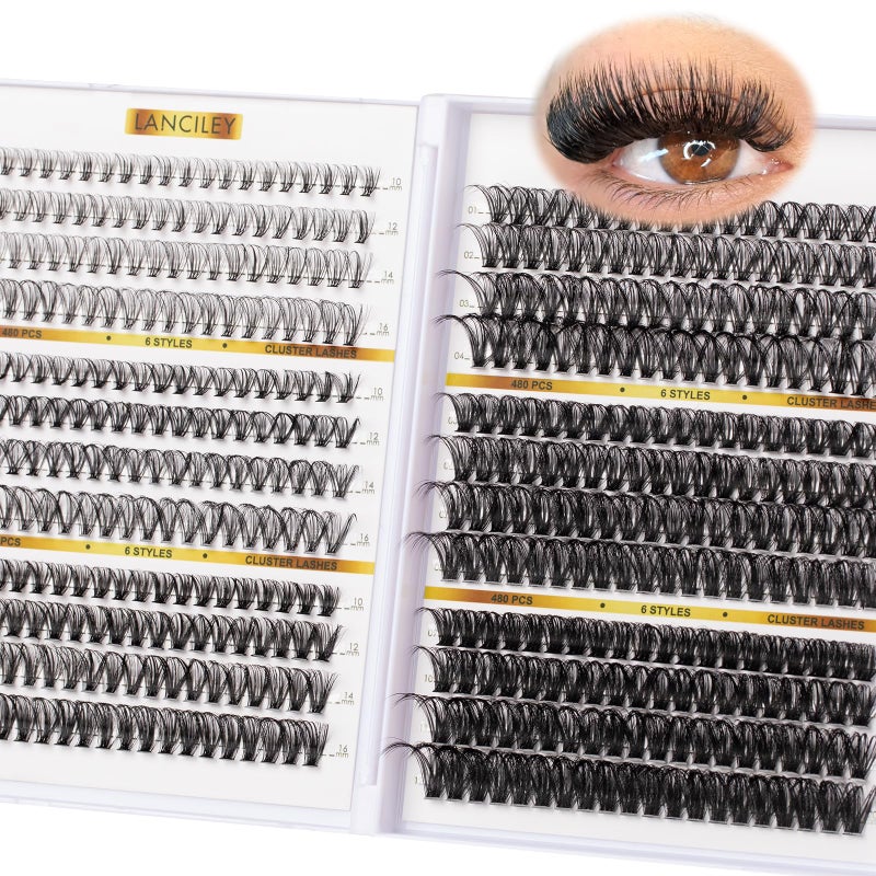 Lanciley 480PCS Lash Clusters 10-20MM 20D+30D+40D+60D+80D+100D Thick Volume Eyelash Extensions Natural Eyelash Clusters Individual Lashes Long Lasting D Curly Lash Extension Thin Band Soft False Lashes-6 - Image 1
