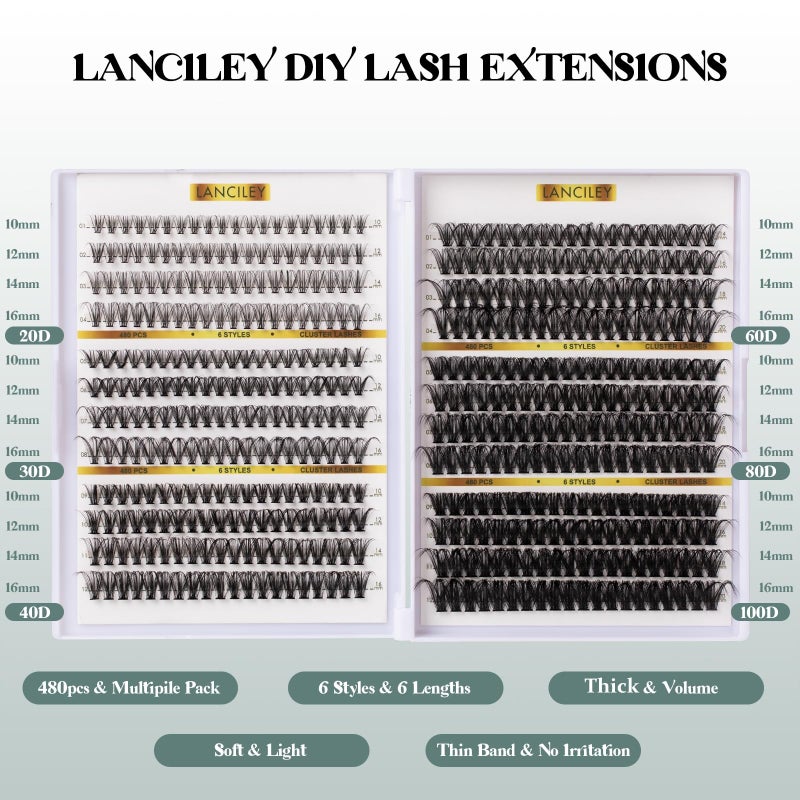 Lanciley 480PCS Lash Clusters 10-20MM 20D+30D+40D+60D+80D+100D Thick Volume Eyelash Extensions Natural Eyelash Clusters Individual Lashes Long Lasting D Curly Lash Extension Thin Band Soft False Lashes-6 - Image 2