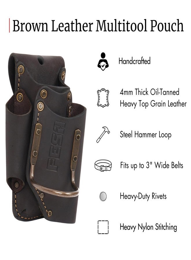 FESA Small Leather Tool Pouch - 5-in-1 Heavy Top Grain Leather Small Tool Pouch with a Steel Hammer Loop, 4 Pockets & Reinforced Heavy Duty Rivets - Fits Belts up to 3" - Handcrafted (Brown) - Image 2
