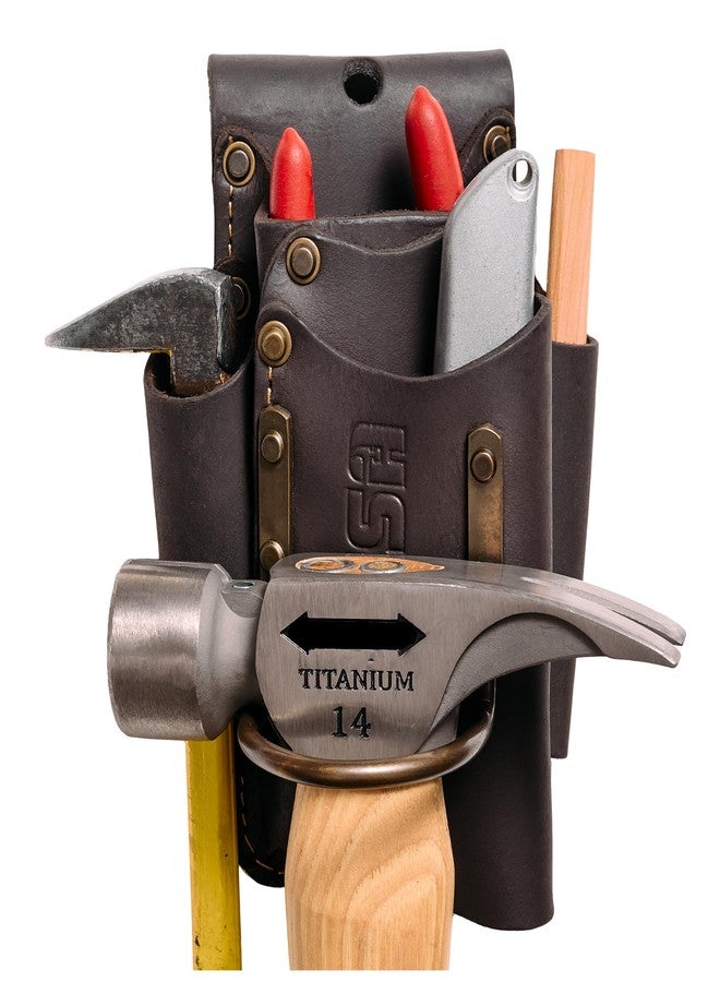 FESA Small Leather Tool Pouch - 5-in-1 Heavy Top Grain Leather Small Tool Pouch with a Steel Hammer Loop, 4 Pockets & Reinforced Heavy Duty Rivets - Fits Belts up to 3" - Handcrafted (Brown) - Image 1