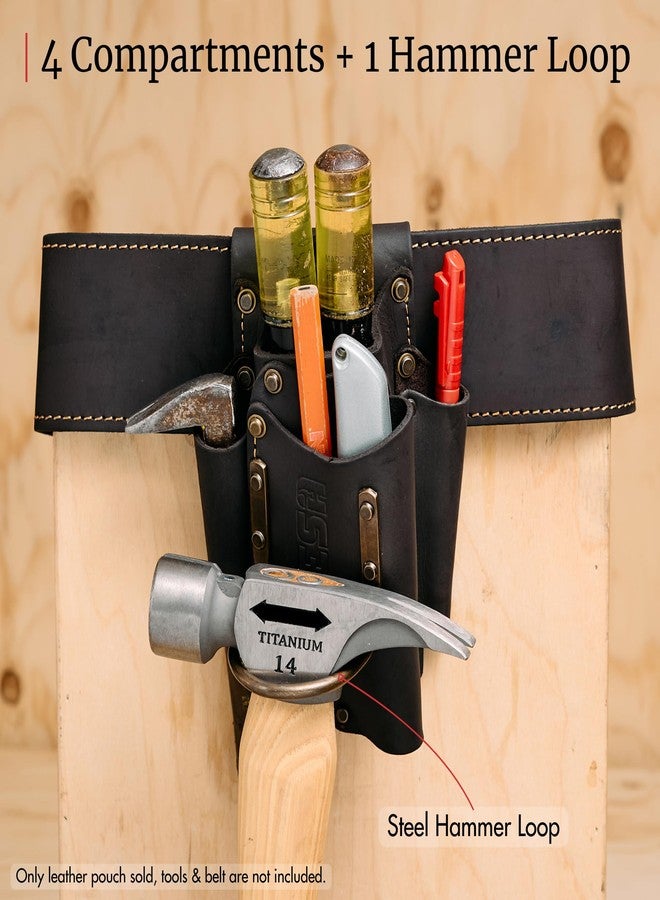 FESA Small Leather Tool Pouch - 5-in-1 Heavy Top Grain Leather Small Tool Pouch with a Steel Hammer Loop, 4 Pockets & Reinforced Heavy Duty Rivets - Fits Belts up to 3" - Handcrafted (Brown) - Image 3