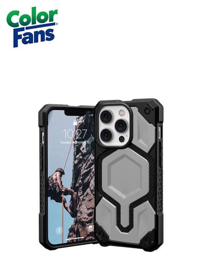 كولور فانس جراب Apple iPhone 13 Pro، جراب Monarch Pro Kevlar مدمج مغناطيسي متوافق مع الشحن المغناطيسي، غطاء واقٍ ممتاز مقاوم للسقوط - فضي لامع - Image 1