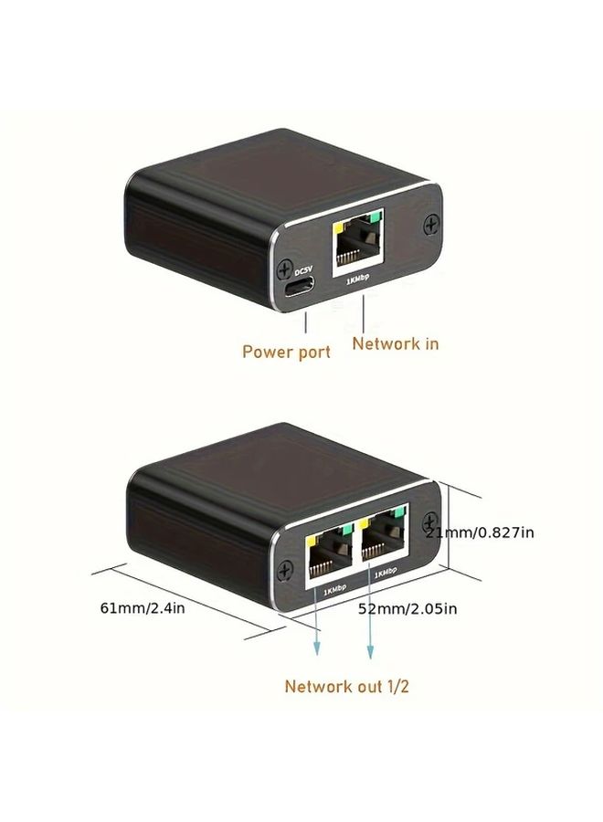 محول إيثرنت الأسود جيجابت 1 إلى 2 مقسم RJ45 1000 ميجابت في الثانية للفئة 8 والفئة 7 والفئة 6 - Image 2