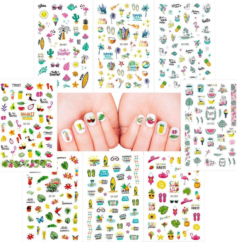 Hawaii Summer Nail Art Stickers Set 250+ Designs for Women Girls Kids, VIWIEU Tropical 3D Fake Nail Decals Self-Adhesive Flamingo Cactus Beach Fruits Palm Tree for Holiday Gift DIY Manicure 8 Pack