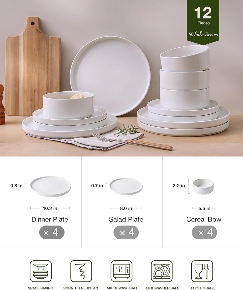 Famiware Dinnerware Sets, 12 Pieces Plates and Bowls Set, Dishes Set for 4, White - Image 2