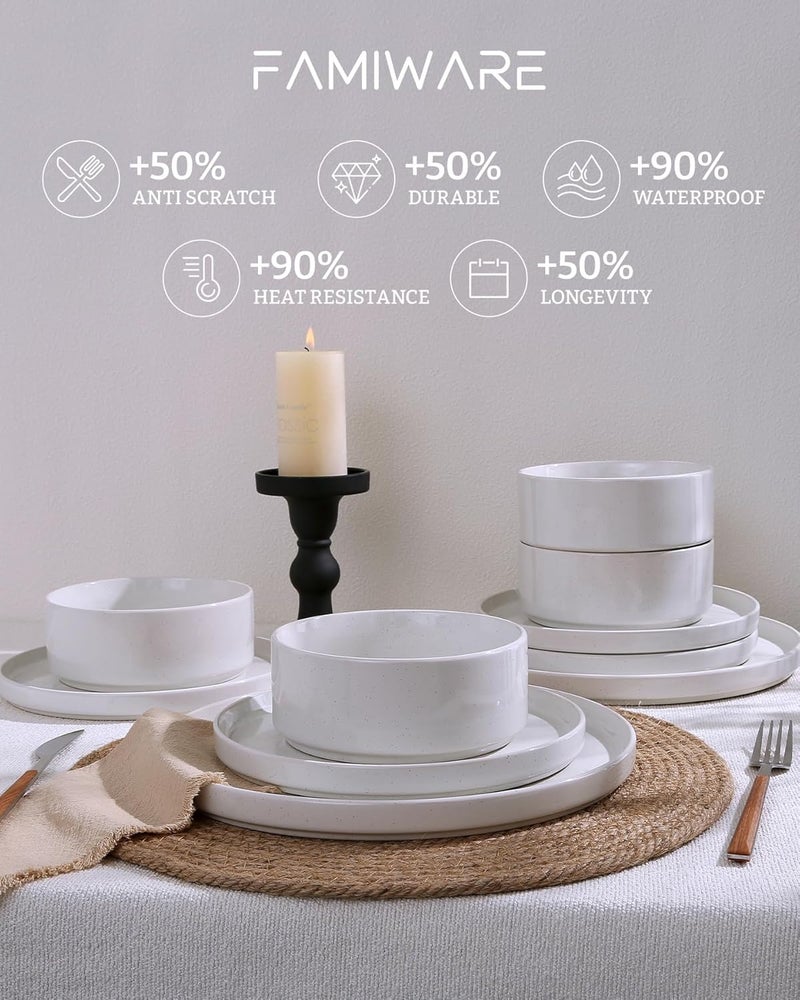 Famiware Dinnerware Sets, 12 Pieces Plates and Bowls Set, Dishes Set for 4, White - Image 4