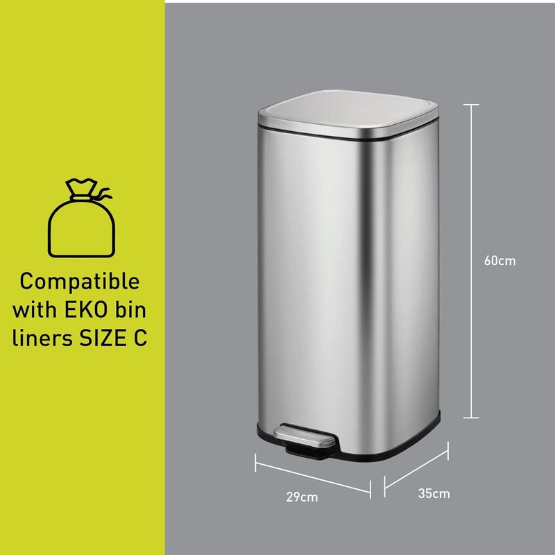 EKO 30L Square Step Bin Stella - Silver Large Pedal Bin With Soft-Close Lid Fingerprint-Resistant Finish Removable Inner Liner - Image 1
