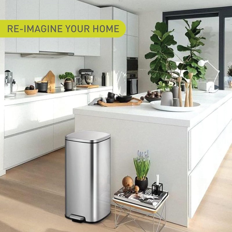 EKO 30L Square Step Bin Stella - Silver Large Pedal Bin With Soft-Close Lid Fingerprint-Resistant Finish Removable Inner Liner - Image 3