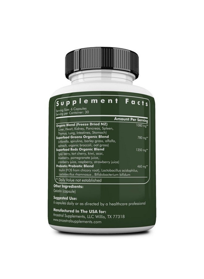 Ancestral Supplements Greens Powder Capsules, Organic Superfood Greens & Reds Blend with Spirulina, Chlorella, Grass Fed Beef Organs, and Probiotics for Gut Health, Non GMO, 615mg Each, 180 Count - Image 2