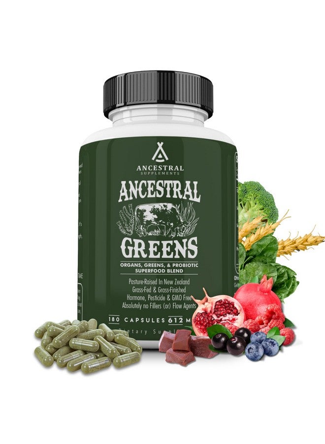 Ancestral Supplements Greens Powder Capsules, Organic Superfood Greens & Reds Blend with Spirulina, Chlorella, Grass Fed Beef Organs, and Probiotics for Gut Health, Non GMO, 615mg Each, 180 Count - Image 1