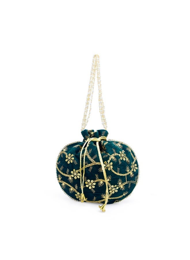 Handcrafted Velvet Potli Bag for Women Traditional, Perfect for Weddings & Special Occasions Green - Image 1