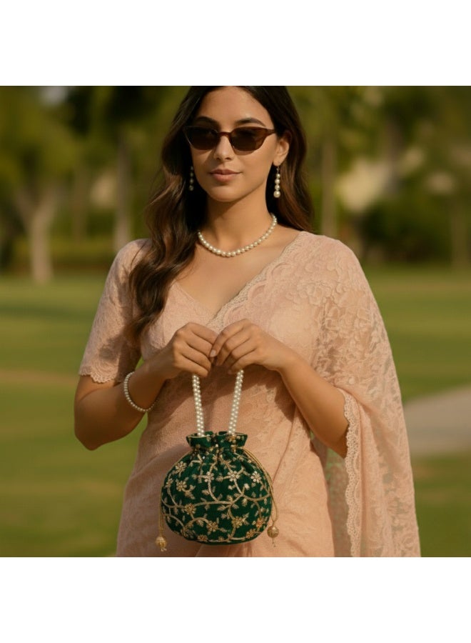 Handcrafted Velvet Potli Bag for Women Traditional, Perfect for Weddings & Special Occasions Green - Image 3