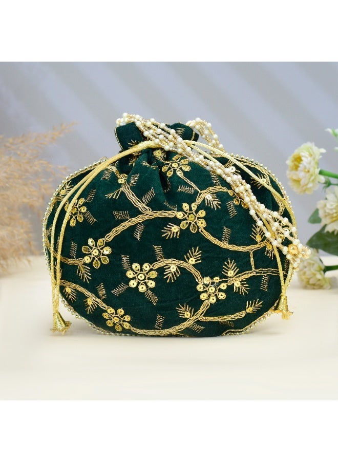 Handcrafted Velvet Potli Bag for Women Traditional, Perfect for Weddings & Special Occasions Green - Image 2