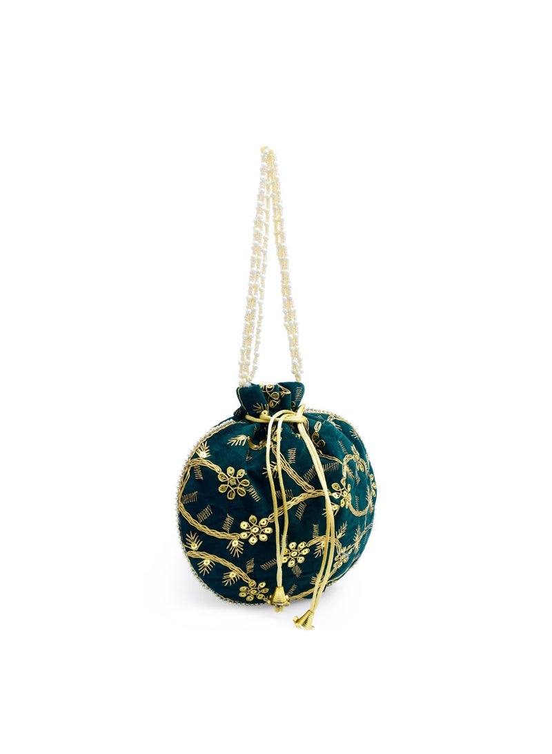 Handcrafted Velvet Potli Bag for Women Traditional, Perfect for Weddings & Special Occasions Green - Image 4