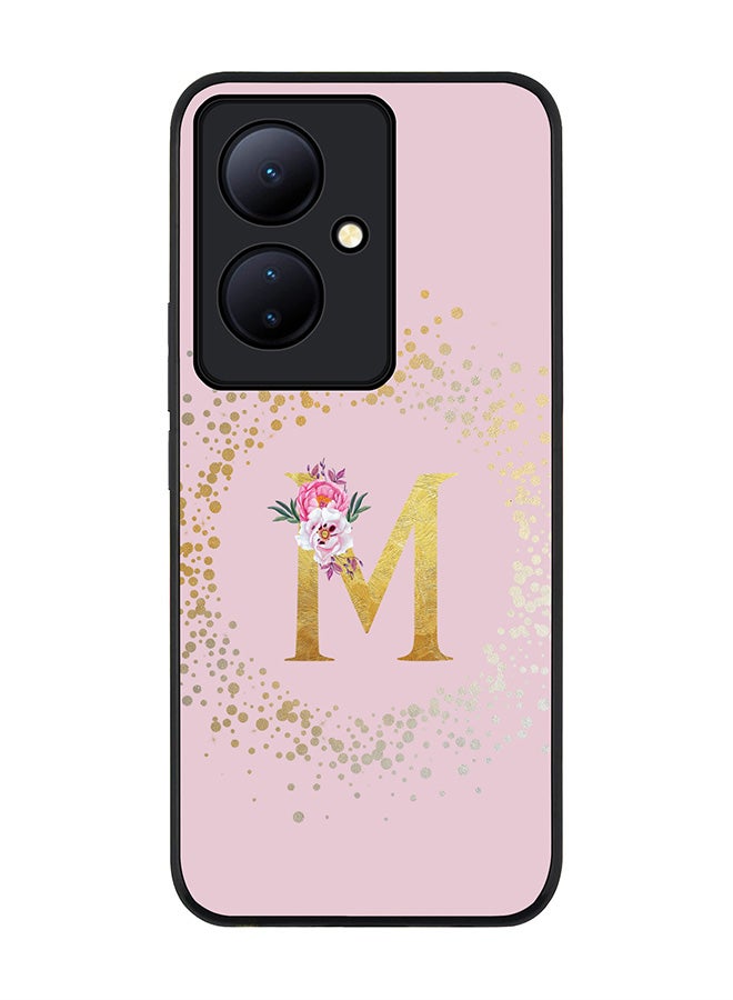 Stylizedd Rugged Black edge case for Vivo V29 Lite, Slim fit Thin Cover- Custom Monogram Initial Letter Floral Pattern Alphabet-M  (Pink ) - Image 1