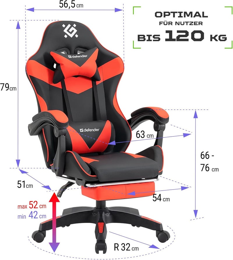 Defender Tornado Gaming Chair with Footrest - Ergonomic Gaming Chair Made of Faux Leather, Adjustable Backrest 135°, Height Adjustable, Up to 120 kg - Image 2