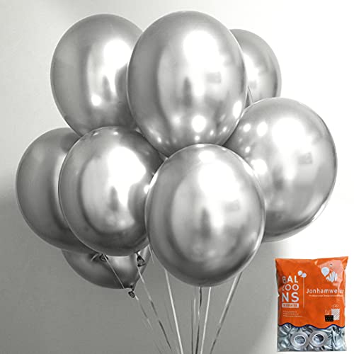 Jonhamwelbor Metallic Silver Chrome Balloons 50 Pack 12 Inches Shiny Silver Party Latex Helium Balloon for Women Men Boy Girl Birthday Wedding Baby Shower Party Decorations with silver ribbon - Image 1