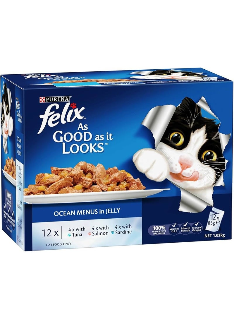 Felix Wet Cat Food from As Good It Look Double Delicious Ocean Menu 85g (12-pack) Adult Fish Flavors (e.g., Tuna, Salmon, Mackerel, etc.) - Image 1