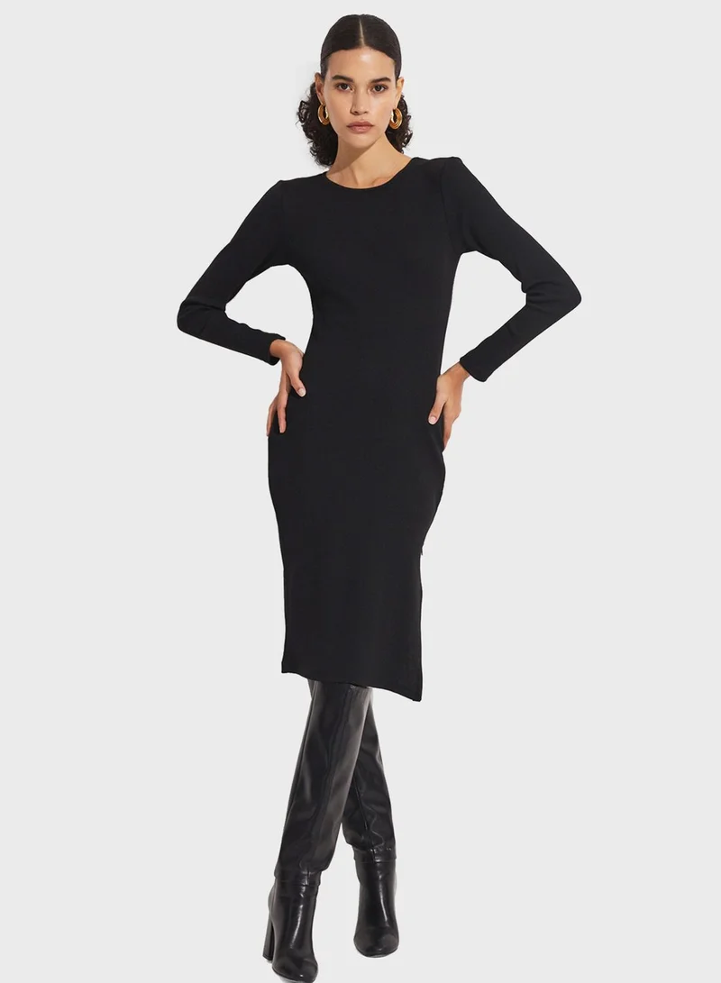 JUNE Crew Neck Side Slit Dress