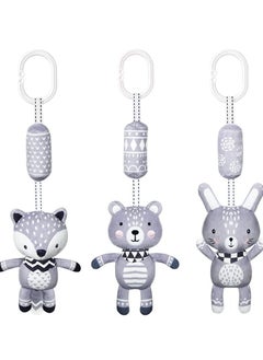 Y&D 3 Pack Hanging Rattle Toys, Cartoon White Black Stuffed Stroller Plush Toys for Newborn 0-36 Month Baby Bed Crib with Wind Chimes (Rabbit Fox Bear)  - Image 1