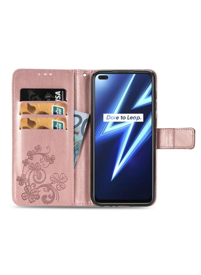 اس-توب جراب لهاتف OPPO Realme 6 Pro، جراب جلدي منقوش بأربع أوراق لحماية الهاتف المحمول مع حبل وفتحة للبطاقات ومحفظة ووظيفة القوس - Image 4