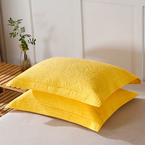 WINLIFE 100% Cotton Quilted Pillow Sham Floral Printed Pillow Cover (Gold/Yellow) - Image 2