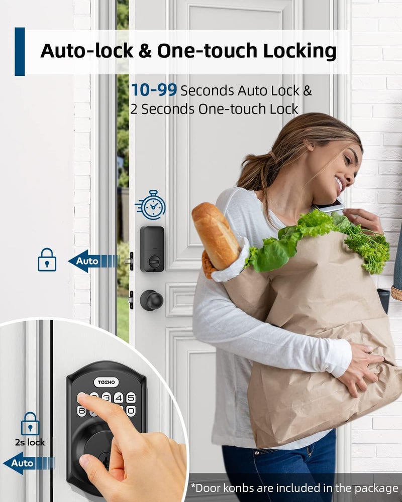 TEEHO TE001K Keyless Entry Door Lock with Handle, Electronic Keypad Deadbolt with 2 Knobs, High-Security Front Door Handle Set for Home & Rental, Smart Auto-Locking, Easy Install, Matte Black - Image 3