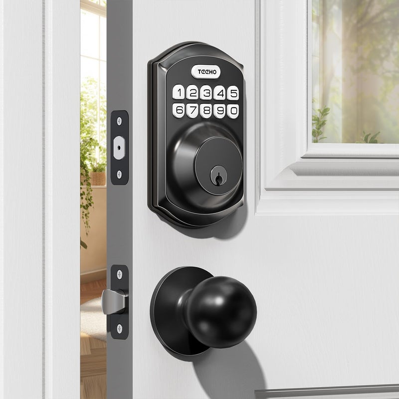 TEEHO TE001K Keyless Entry Door Lock with Handle, Electronic Keypad Deadbolt with 2 Knobs, High-Security Front Door Handle Set for Home & Rental, Smart Auto-Locking, Easy Install, Matte Black - Image 1