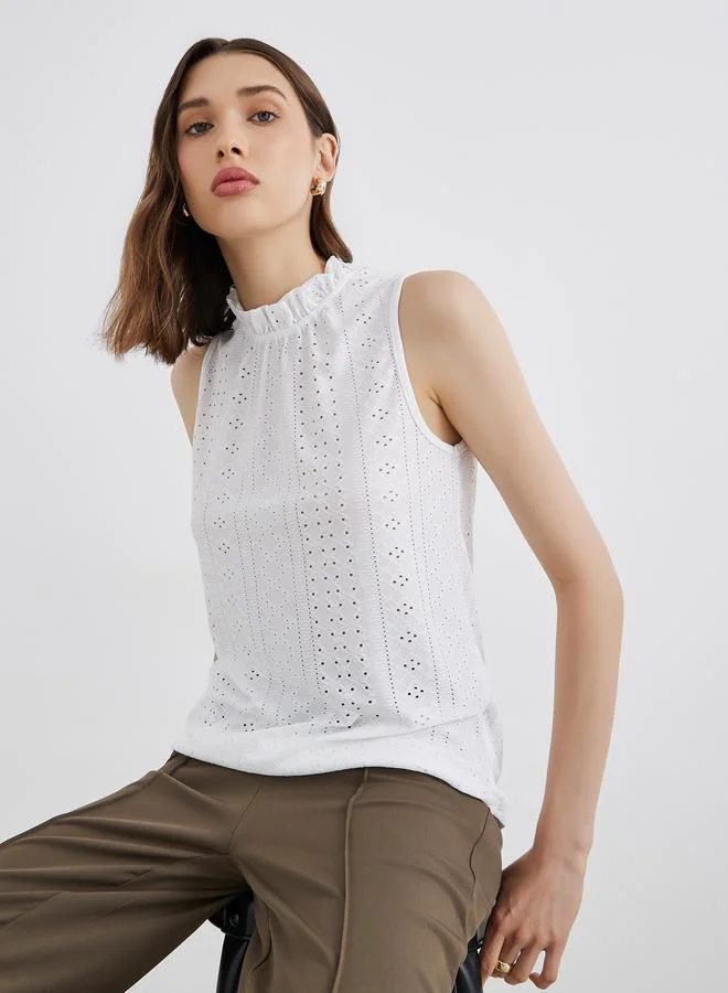 تايك تو Take Two Schiffli Sleeveless High Neck Blouse