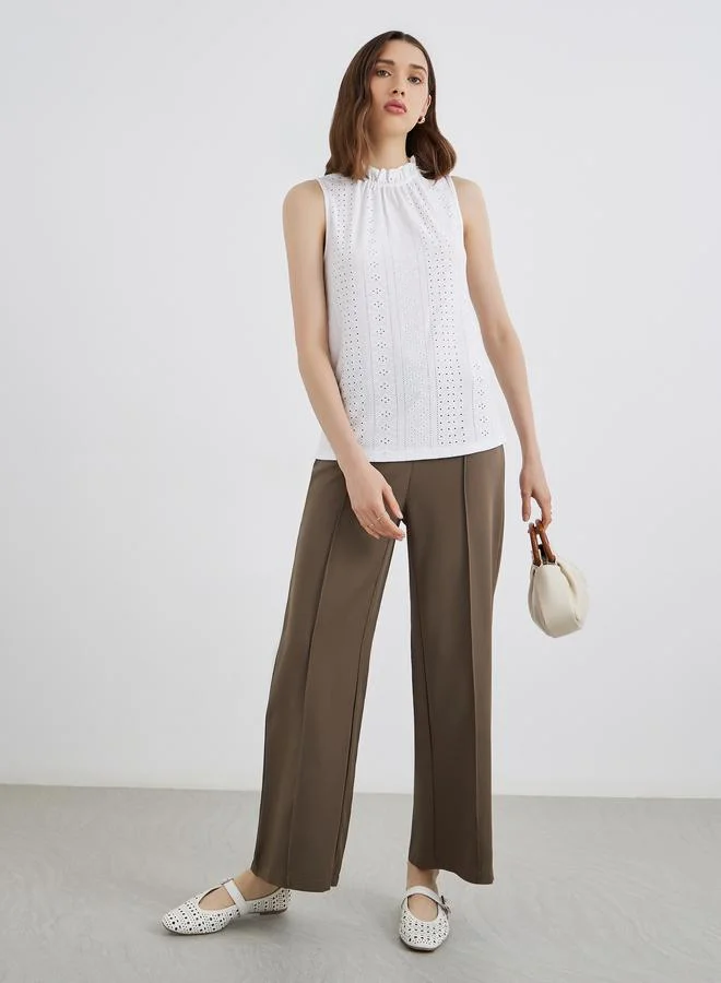 تايك تو Take Two Schiffli Sleeveless High Neck Blouse