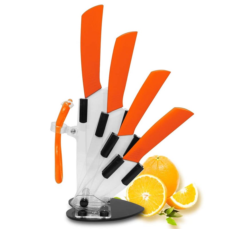 5Pieces Ceramic Knife SetSharp Ceramic Knife with Block StandSteak KnifeOrange Kitchen Knives With AntiSlip handleIncludes 6Chef Knife5Utility Knife4Vegetable Knife3Bread Knife1Peeler