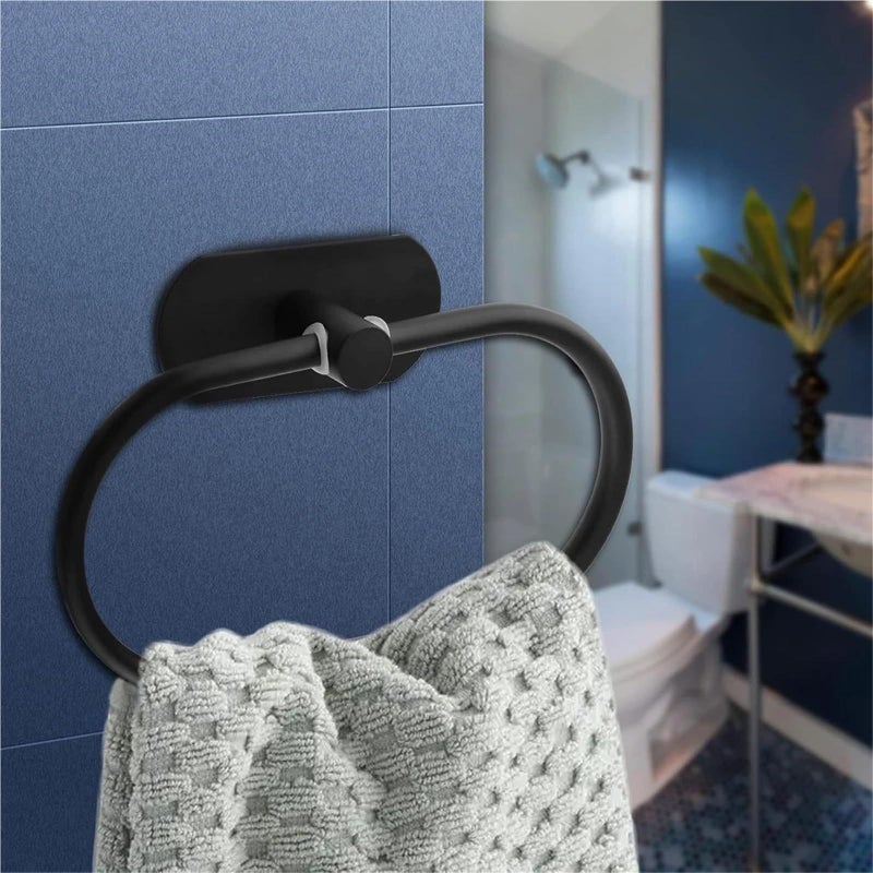Oval Self Adhesive Towel Ring Wall Mounted Stainless Steel Hand Towel Rail for Bathroom Kitchen Black - Image 3