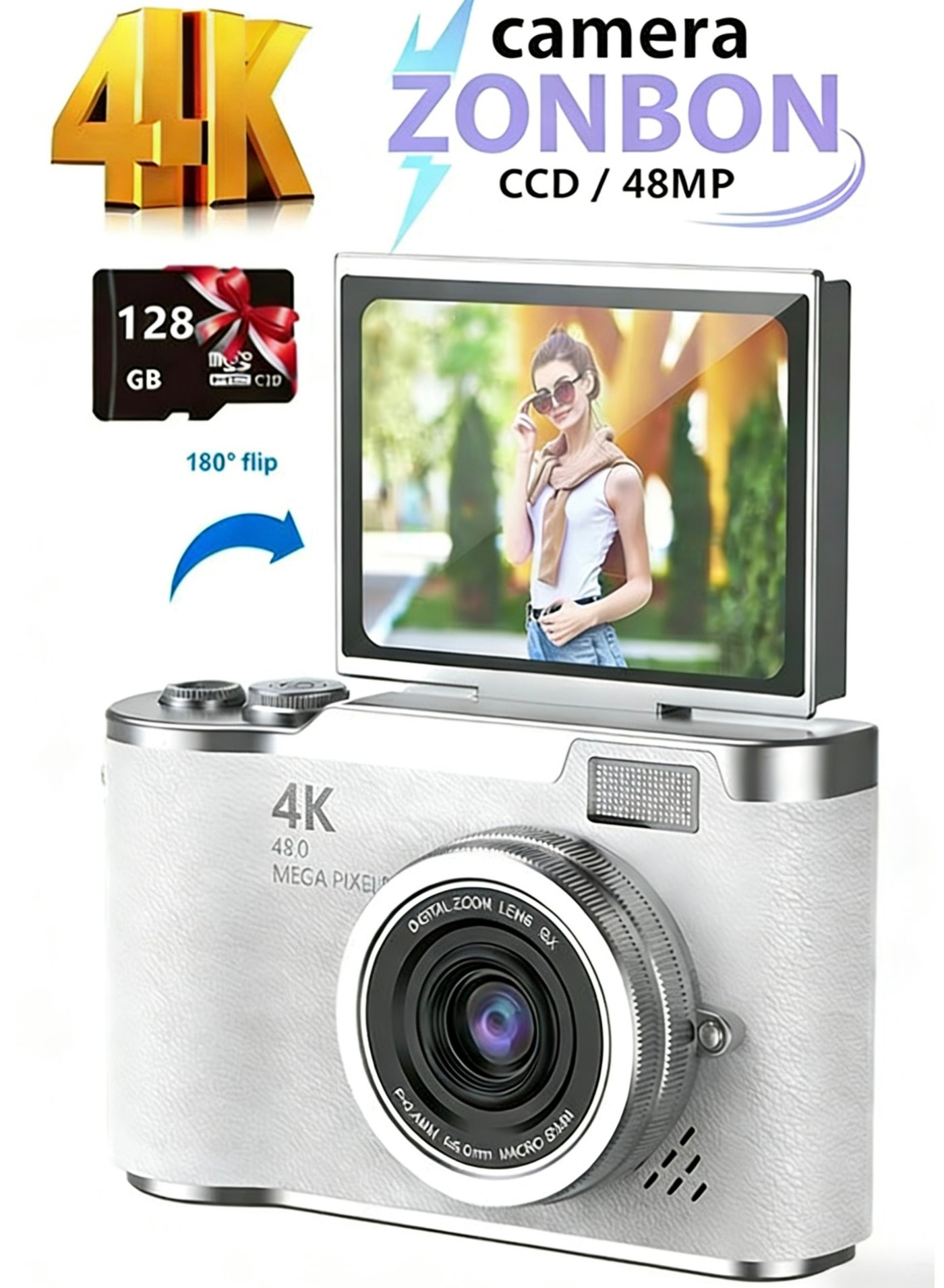 4k CCD Digital Zoom Student Digital Camera 48MP Portable Digital Photography Camera 180° Flip Screen Selfie Camera,with 128GB SD card