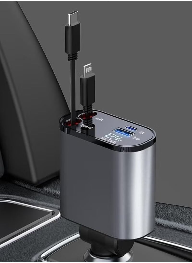 JAJEEK - Retractable Car Charger 4-in-1 Fast Car Phone Charger 120W, Retractable Cables and USB Car Charger Compatible with iPhone iOS and Android Smartphones, 1 Lightning Cable, 1 Type C Cable, 800mm Cable Length - Image 1