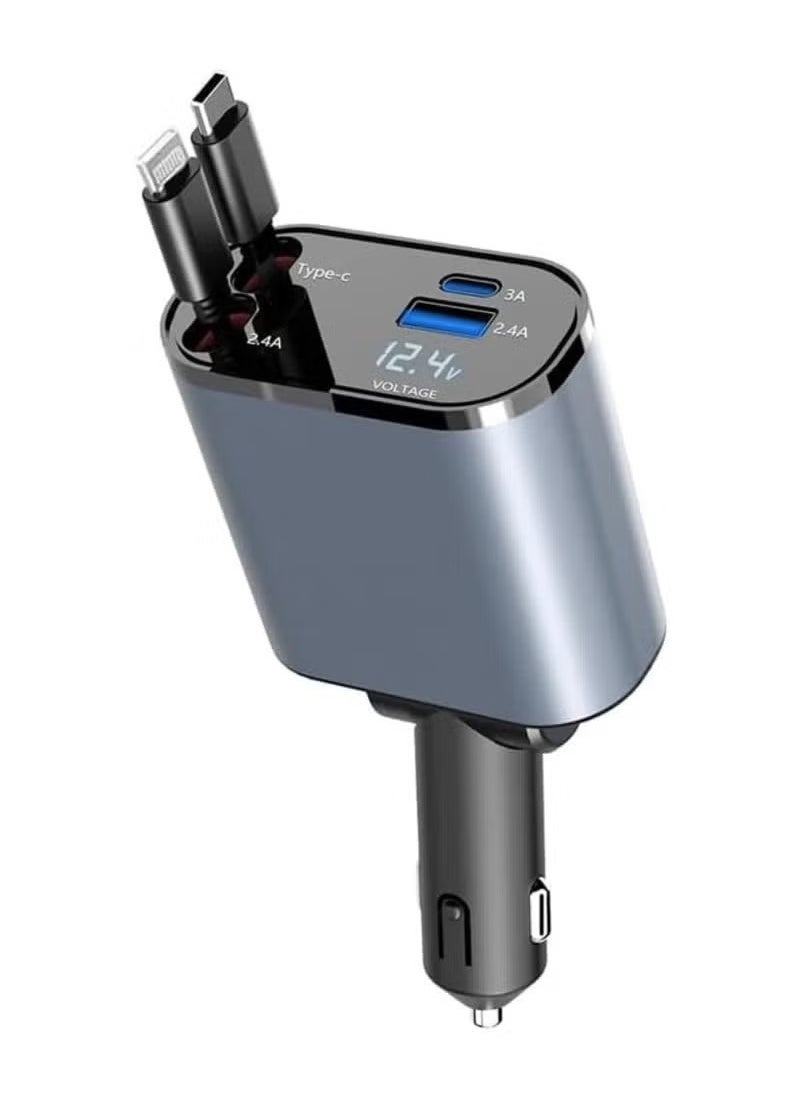 JAJEEK - Retractable Car Charger 4-in-1 Fast Car Phone Charger 120W, Retractable Cables and USB Car Charger Compatible with iPhone iOS and Android Smartphones, 1 Lightning Cable, 1 Type C Cable, 800mm Cable Length - Image 1