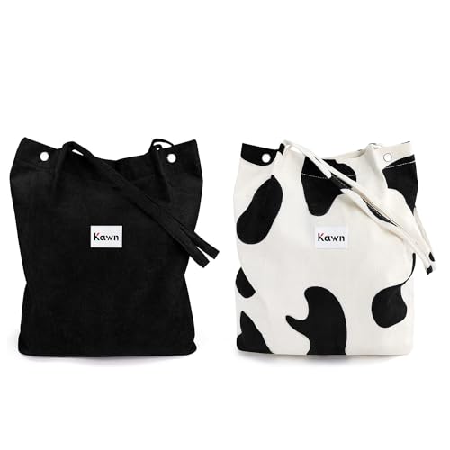 Kawn Women Corduroy Western Tote Bag Canvas Shoulder Purse Reusable Shopping Grocery Bag Large Capacity Washable Handbag Girls Shoulder Bag With Inner Pocket For Daily Use Work Travel (Black + Cow) - Image 1