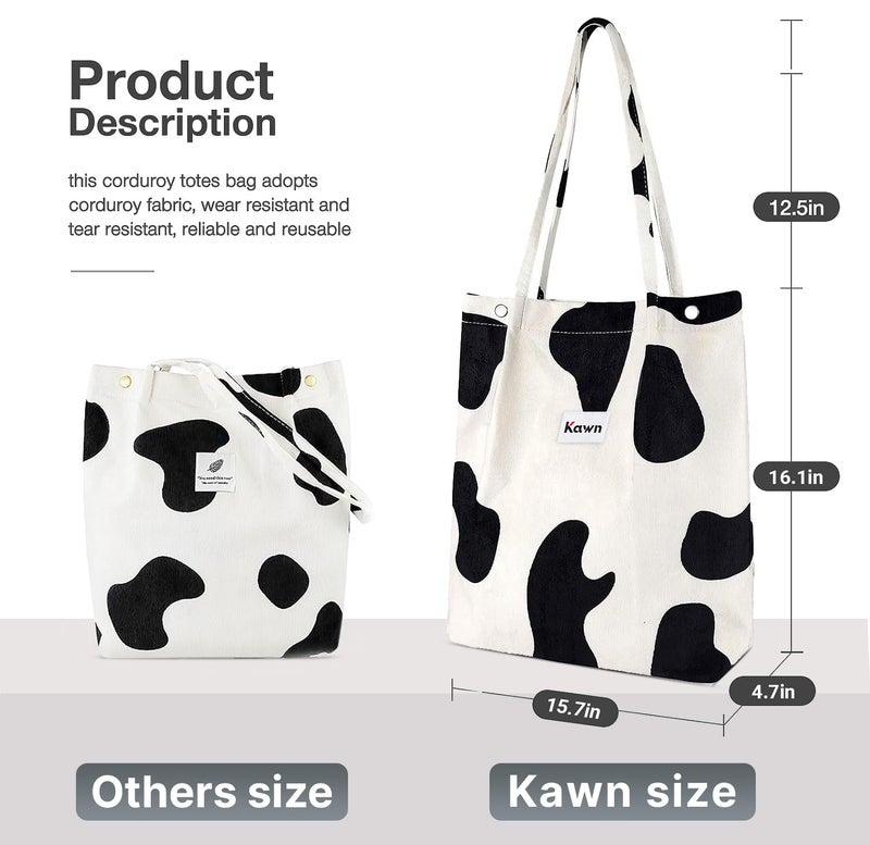 Kawn Women Corduroy Western Tote Bag Canvas Shoulder Purse Reusable Shopping Grocery Bag Large Capacity Washable Handbag Girls Shoulder Bag With Inner Pocket For Daily Use Work Travel (Black + Cow) - Image 3