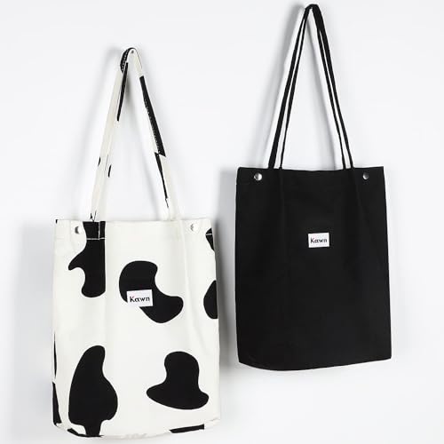 Kawn Women Corduroy Western Tote Bag Canvas Shoulder Purse Reusable Shopping Grocery Bag Large Capacity Washable Handbag Girls Shoulder Bag With Inner Pocket For Daily Use Work Travel (Black + Cow) - Image 2