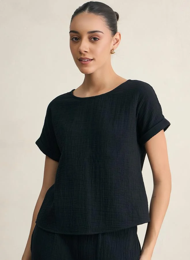 فيميلا طقم منسق من بلوزة قطن بفتحة رقبة دائرية وبنطال