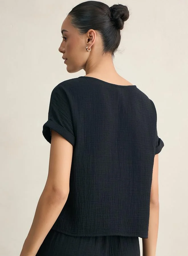 فيميلا طقم منسق من بلوزة قطن بفتحة رقبة دائرية وبنطال