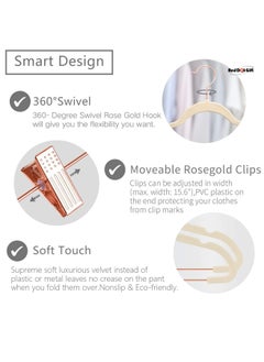 Red Dot Gift 20-Pack Beige Non-Slip Velvet Hangers and Rose Golden Clip 42.5cm/16.8 Inch - 360 Degree Rotatable Hook - Durable , Slim - for Coat and Pant Hangers  - Image 2