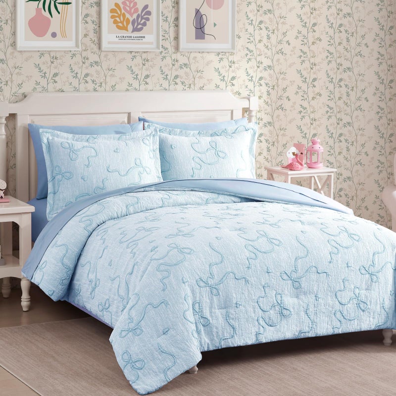 Geniospin Light Blue Twin Comforter Set for Girls- 5 Pieces Bowknot Jacquard Bed in A Bag Twin Bedding Sets with Sheets, Pillowcases & Shams, All Season Kids Comforter Set - Image 3