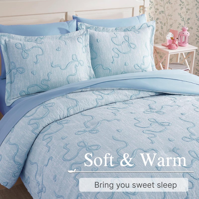 Geniospin Light Blue Twin Comforter Set for Girls- 5 Pieces Bowknot Jacquard Bed in A Bag Twin Bedding Sets with Sheets, Pillowcases & Shams, All Season Kids Comforter Set - Image 2