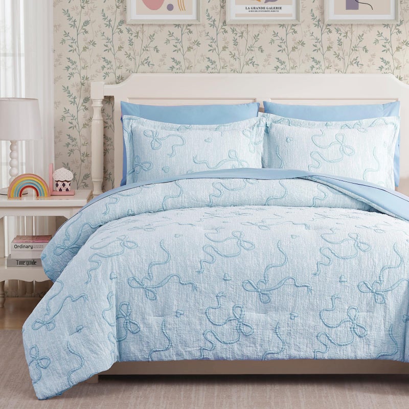 Geniospin Light Blue Twin Comforter Set for Girls- 5 Pieces Bowknot Jacquard Bed in A Bag Twin Bedding Sets with Sheets, Pillowcases & Shams, All Season Kids Comforter Set - Image 1