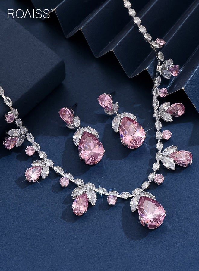 رويس مجموعة قلادة وأقراط على شكل زهور وردية للعروس من الزركون ومجوهرات الزفاف وفستان التوست وإكسسوارات العشاء هدية للنساء وحفلات الولائم - Image 3