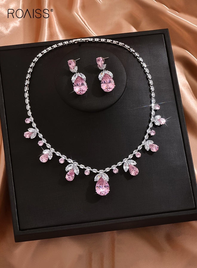 رويس مجموعة قلادة وأقراط على شكل زهور وردية للعروس من الزركون ومجوهرات الزفاف وفستان التوست وإكسسوارات العشاء هدية للنساء وحفلات الولائم - Image 4