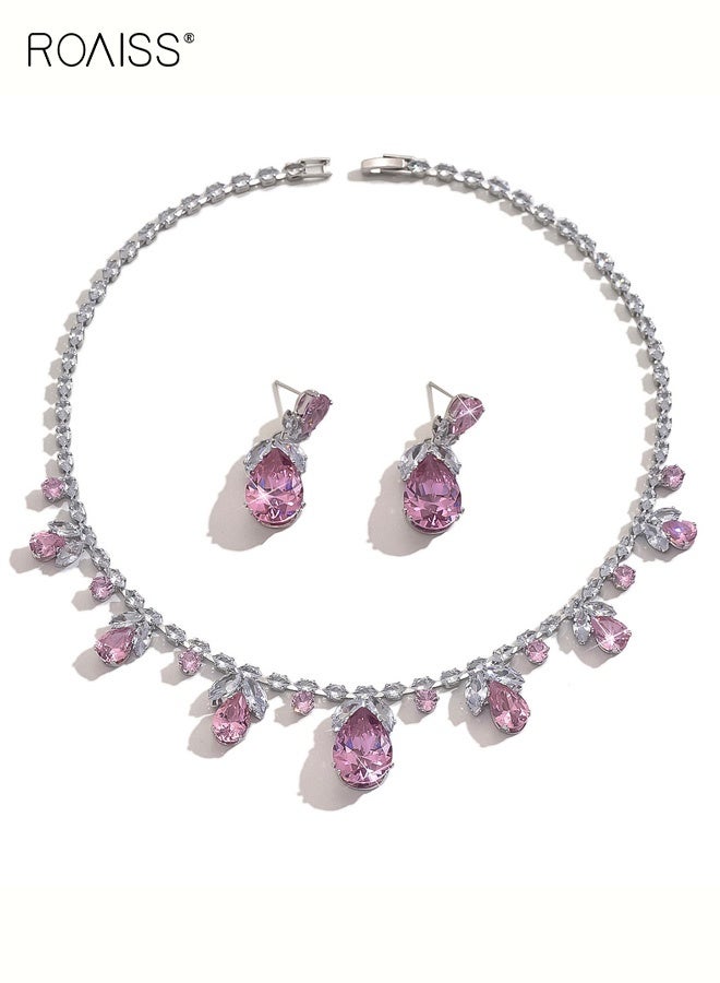 رويس مجموعة قلادة وأقراط على شكل زهور وردية للعروس من الزركون ومجوهرات الزفاف وفستان التوست وإكسسوارات العشاء هدية للنساء وحفلات الولائم - Image 5